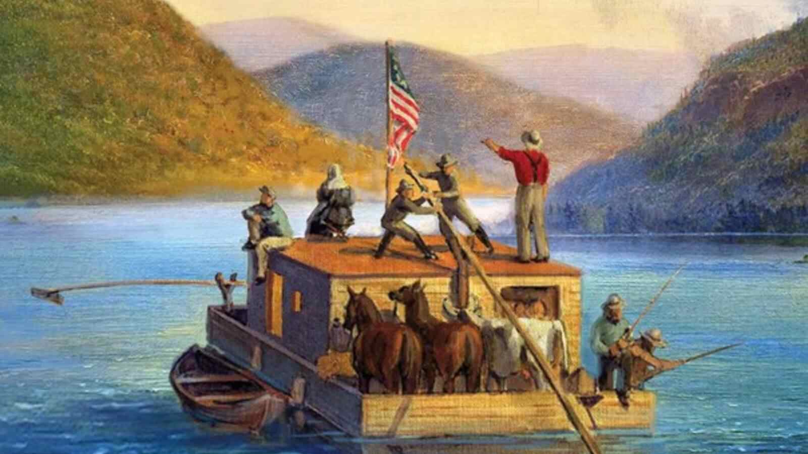 Lewis and Clark expedition keelboat on the river